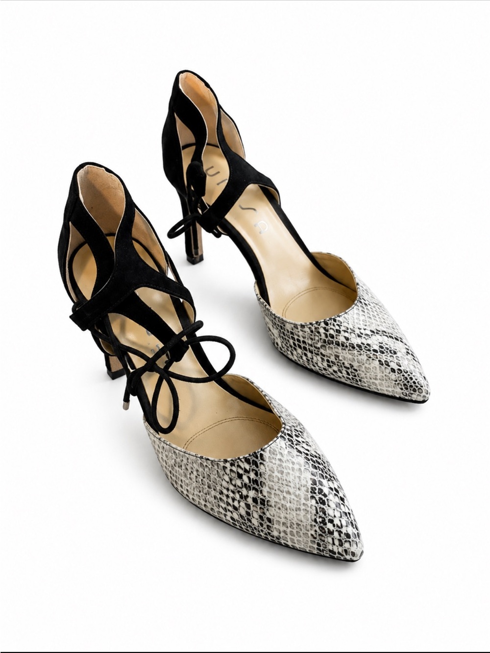 Unisa Black Suede & Snakeskin Pointed Lace-Up Heels